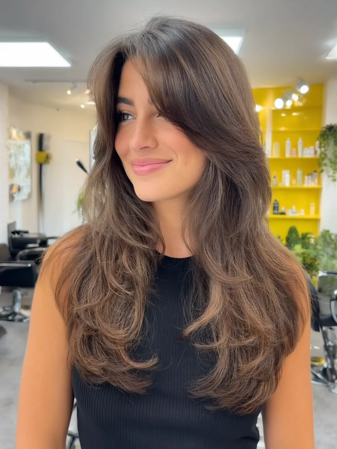 Long Layered Cut with Soft Mocha Brown Waves